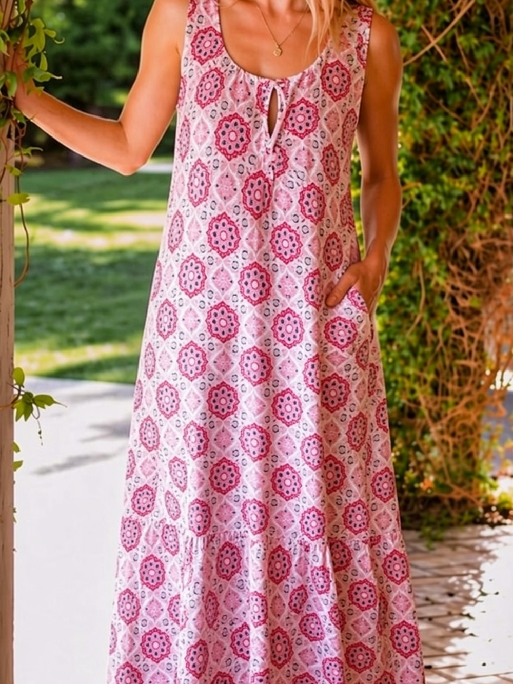 Talbots sleeveless maxi dress geometric medallion pink  XL